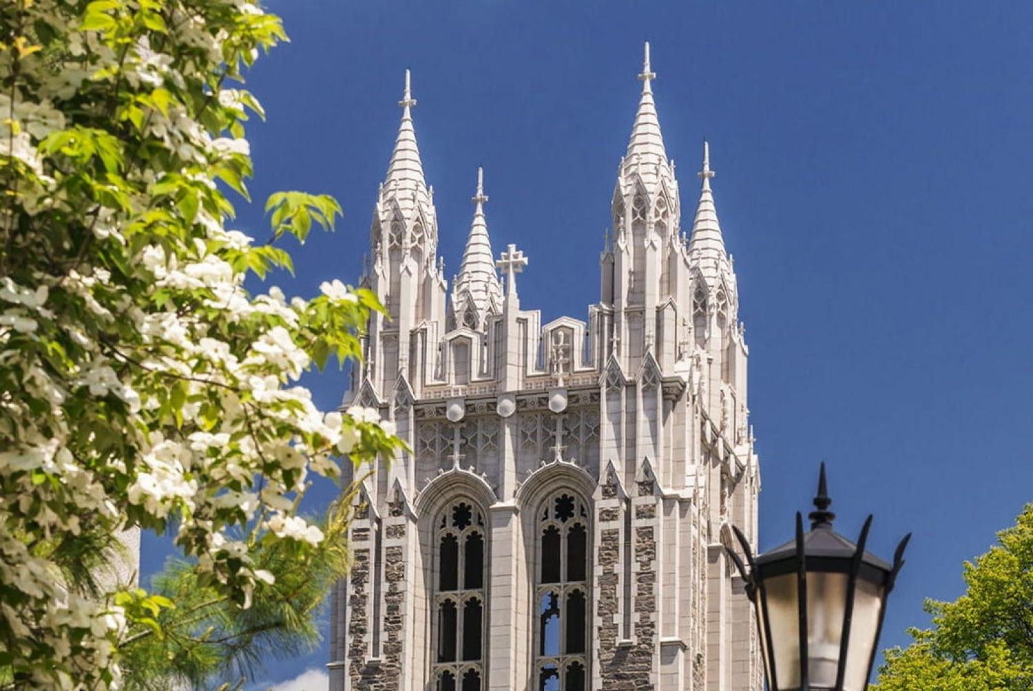 Gasson Hall with flowering tree